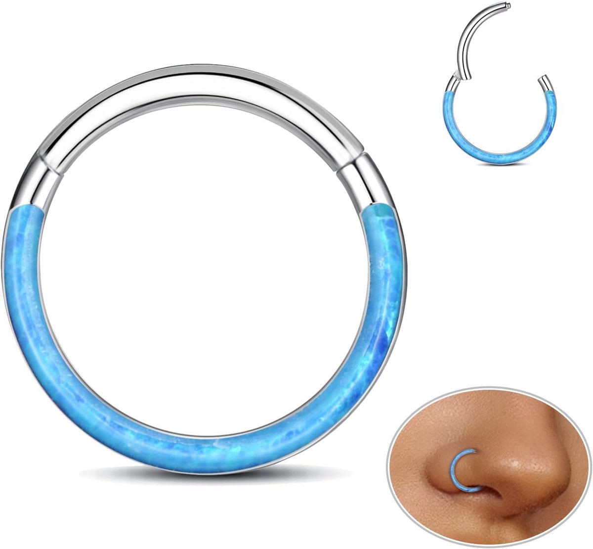 Titan Septumpiercing Helixring Neuspiercingring Neusring Piercing Oor Neusgat Tragus Conch Daith Clicker Lippiercing Neusringen Opal Hypoallergeen Blauw Zilver 16G 6MM