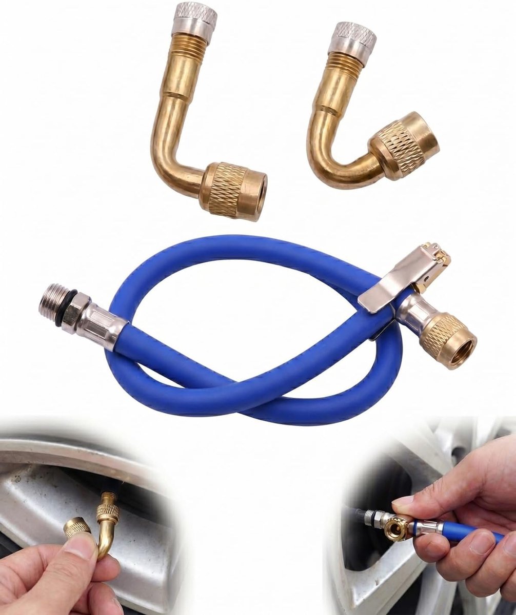 Set van 2 ventieladapters 90° en 45° met snelverlenging van messing voor auto, motorfiets, camper (blauw)
