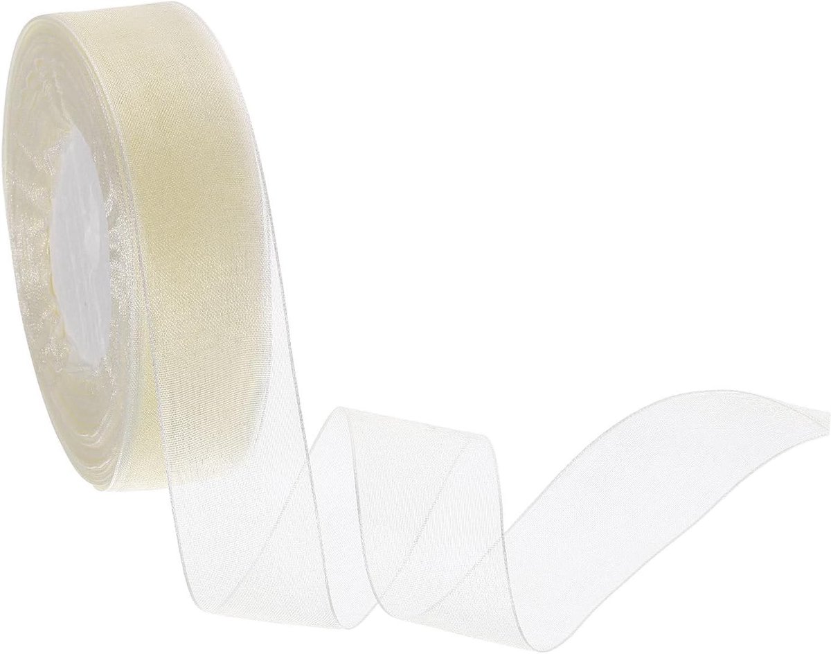 Doorzichtige organza-lint, 25 mm x 45 m, chiffon, doorzichtige linten voor geschenkverpakking, bruiloftsfeest, decoratie, boeket, knutselen, Kerstmis, crème