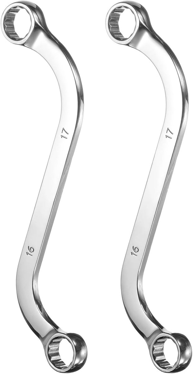 2 stuks 16 mm x 17 mm metrische 12-punts S-stijl ringsleutel dubbelzijdige S-vormige ringsleutel verchroomd 45# staal S-ringsleutel voor huis auto fiets reparatie