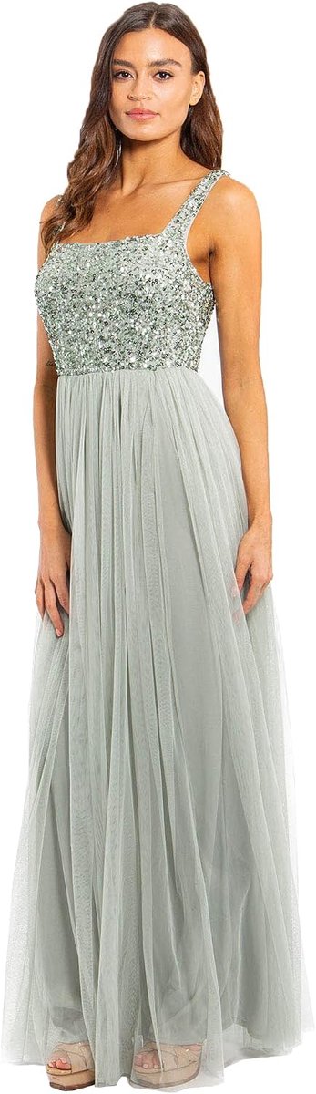 Deluxe Maya Deluxe Dames Womens Maxi Jurk Brede Bandjes Mouwloze Vierkante Hals Verfraaid voor Bruiloft Gast Prom dames Bruidsmeisjesjurk