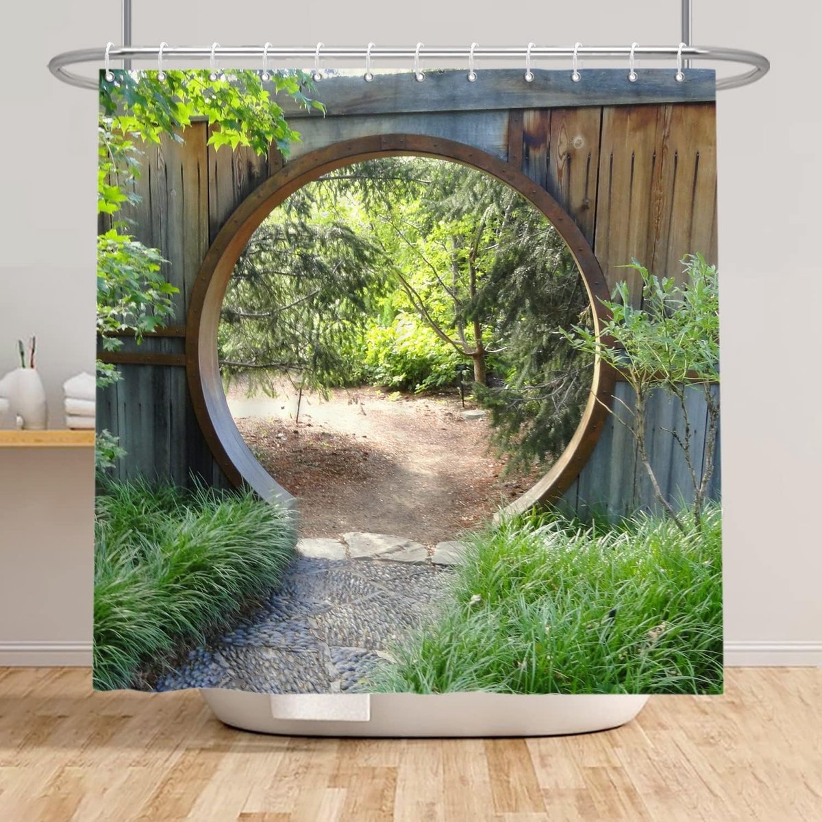 104 x 160 cm Tuin Landschap Douchegordijn Groene Plantkunde Bladeren Natuurlijke Dorp Bad Gordijn Ronde Houten Deur Boerderij Vintage Bad Gordijn voor Badkamer Decor Stof Polyester met Haken