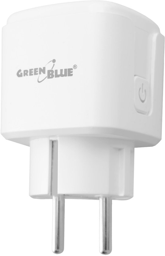 Witte GreenBlue Wi-Fi slimme stekker met twee pinnen en een blauw gloeiend aan/uit-symbool.