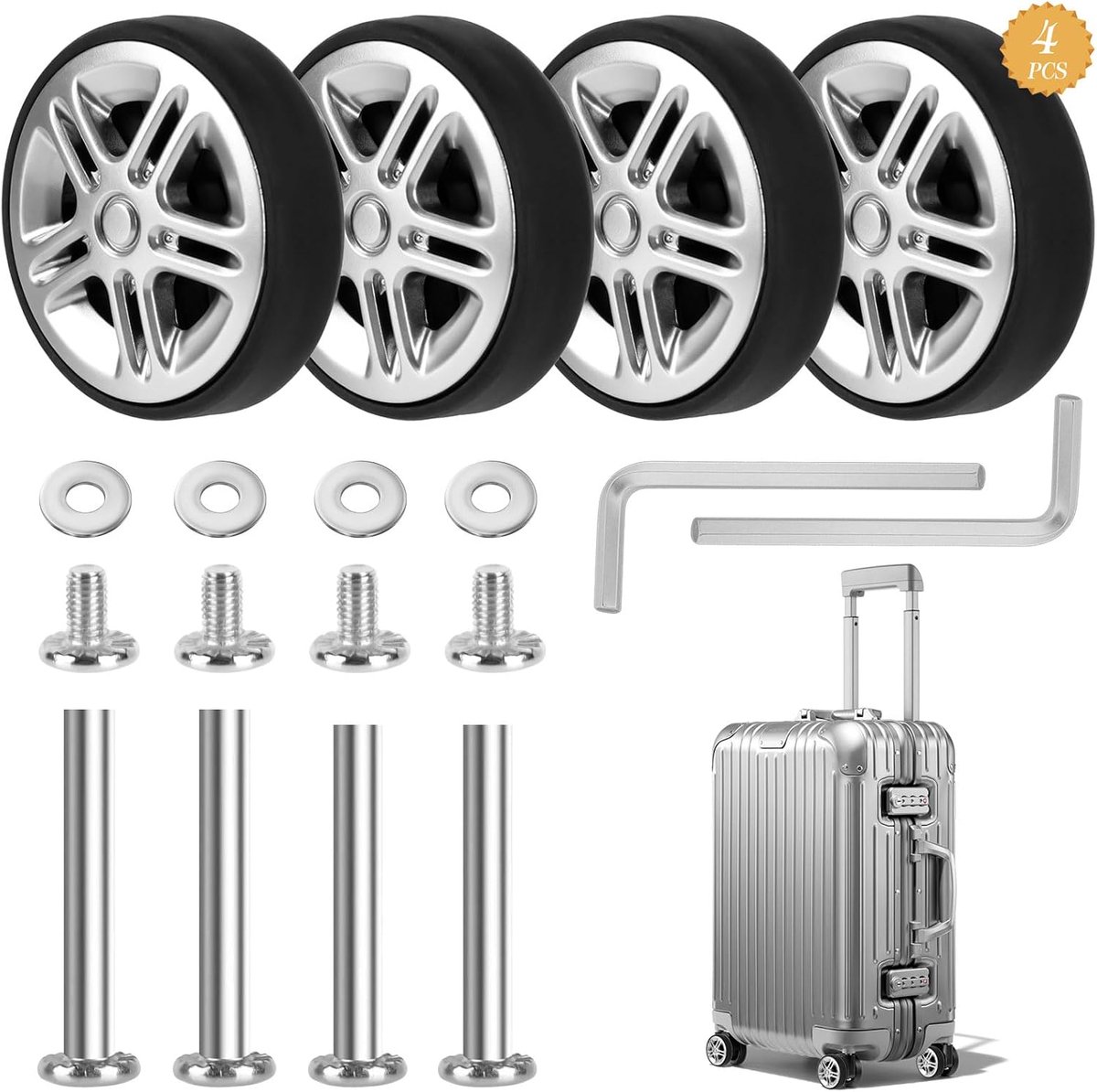 4 stuks reservewielen voor koffer, 50 x 11 mm, zwart, thermoplastisch rubber en metaal, kofferwielen, reservewielen voor bagage, koffer, trolleys