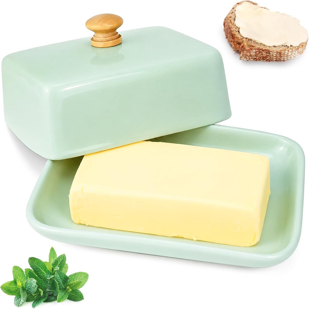 Keramische botervloot in gletsjerblauw, elegante botervloot met deksel voor 250 g boter, keramische botervloot voor koelkast en ontbijttafel