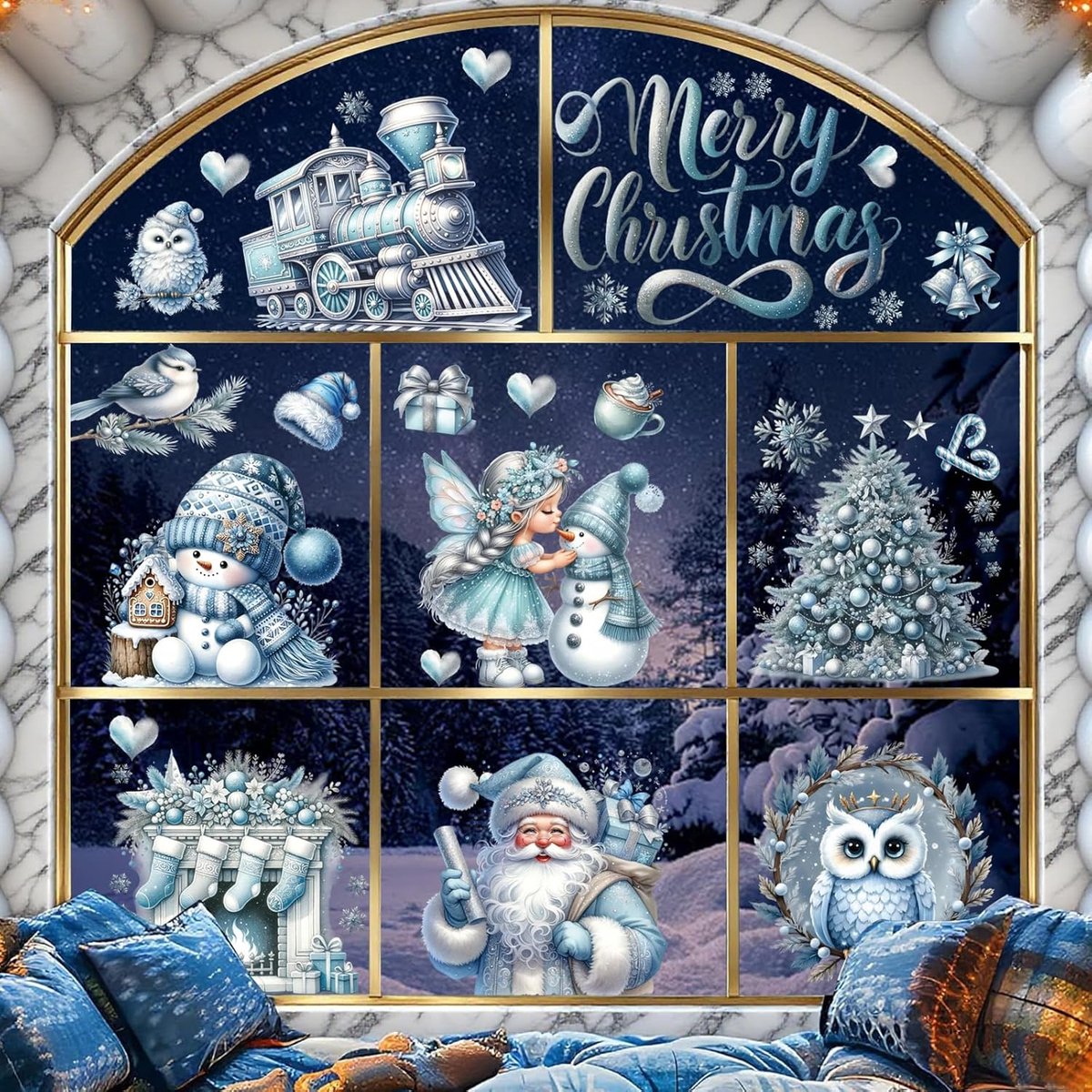 Raamstickers voor Kerstmis, zelfklevend, blauwe raamstickers voor kinderen, raamdecoratie, groot, herbruikbaar, pvc, kerstdecoratie, sneeuwvlokken, raamafbeelding, winter, raam, deur, decoratie