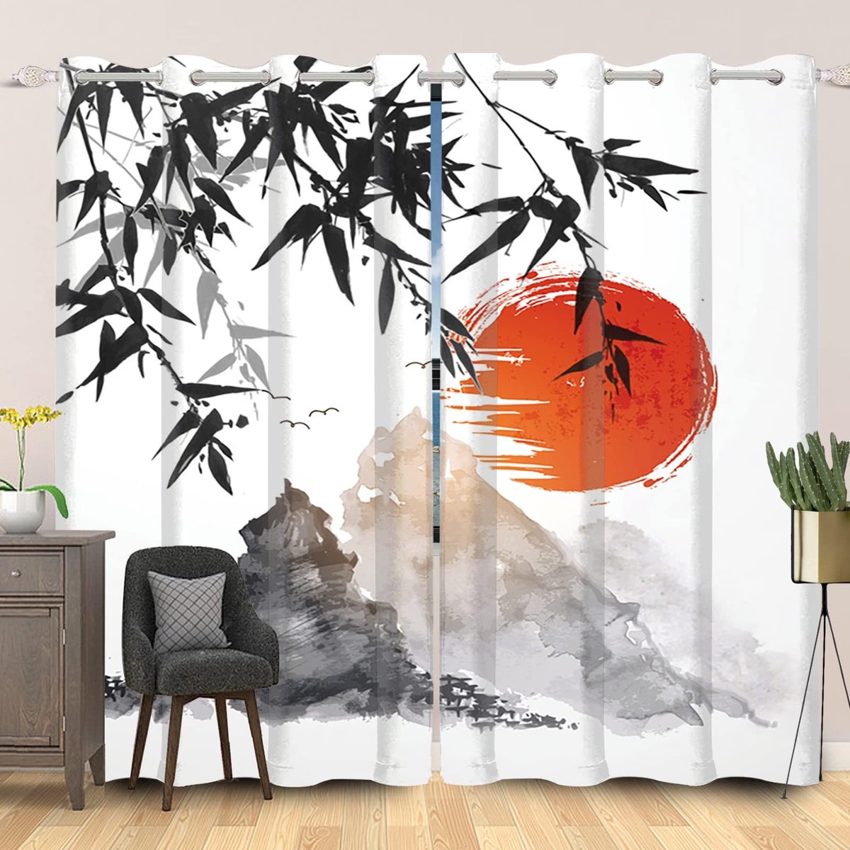 Japanse Gordijnen met Inkttekening Fuji Bamboe - Verduisterend 2 Panelen 107x213 cm