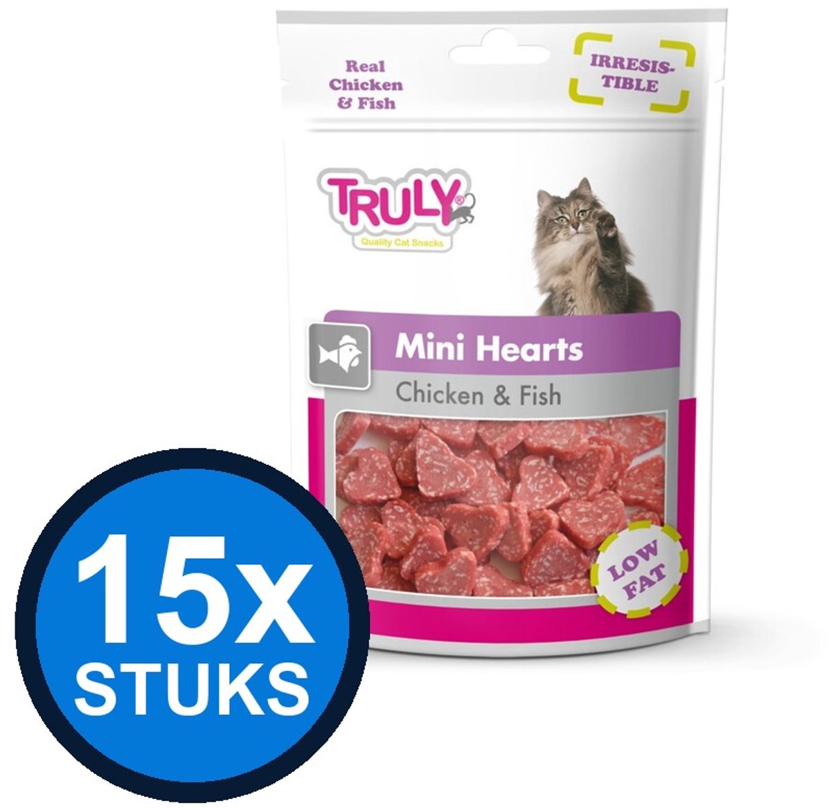 15x Truly cat mini hearts chicken&fish 50gr