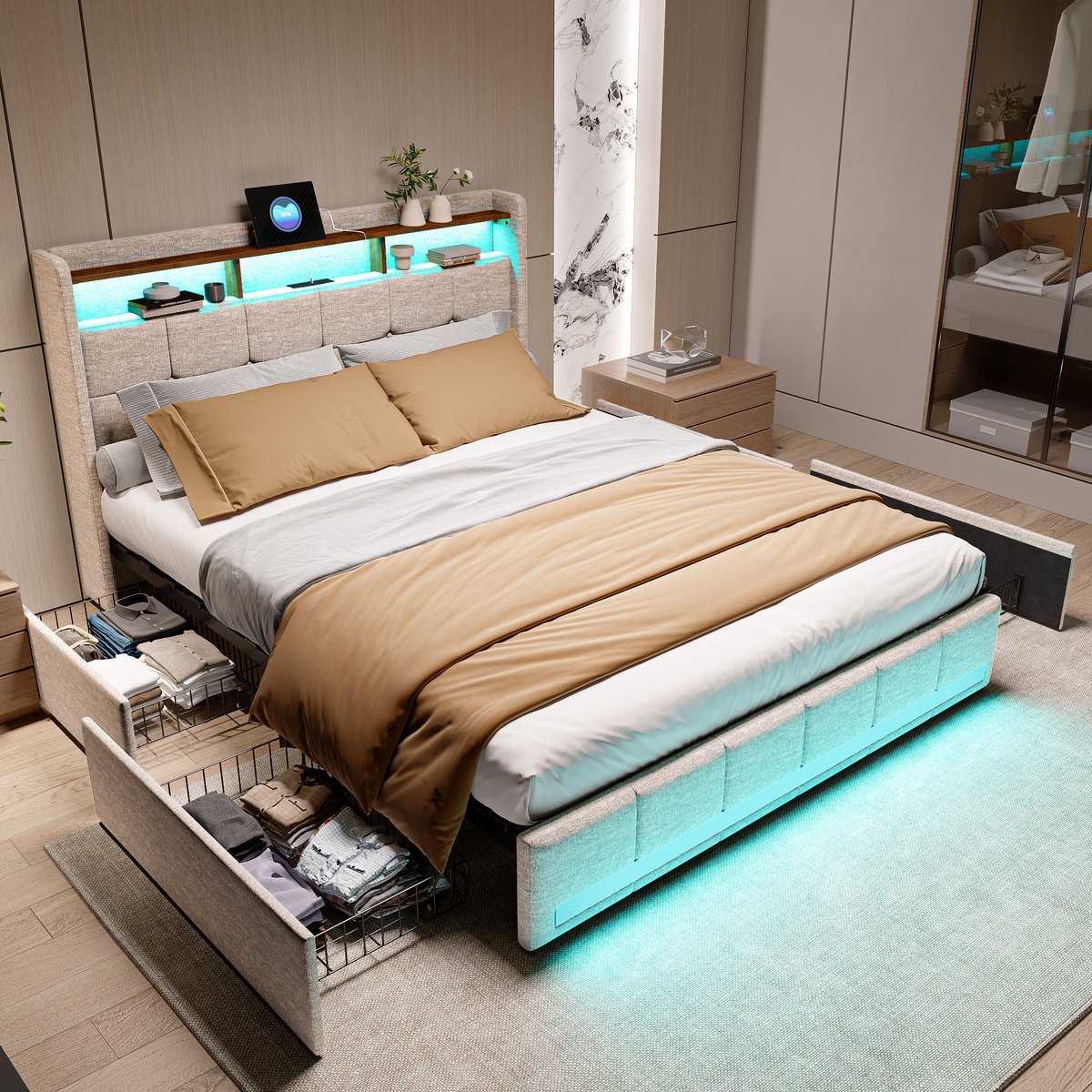 Tweepersoonsbed 140x200 cm, LED-hoofdbord met opbergvak en 2 USB-poorten, bedframe met 4 lades en lattenbodem, opbergbed voor tieners, Linnen Beige