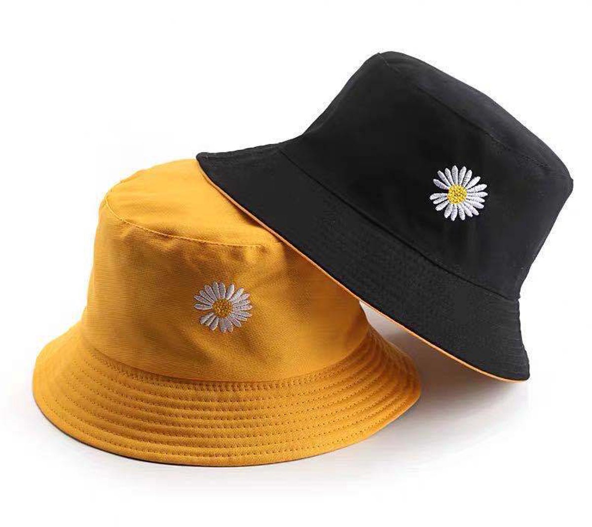 2 stuks Zonnehoed voor dames – Omkeerbare bucket hat met bloemenprint – Omkeerbare katoenen hoed – Strandhoed – Zomerse reishoed – Omkeerbaar – Zwart & geel