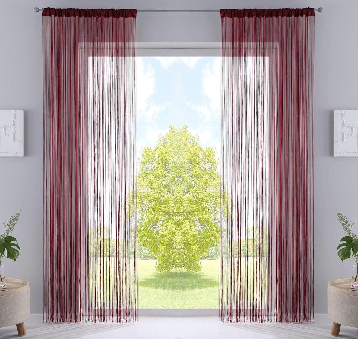 Set van 2 draadgordijnen, H x B 250 x 140 cm, bordeaux met trekkoord en ingenaaide plooiband, geschikt voor gordijnroedes en gordijnrails, draadgordijnen, ruimteverdeler, 20303CN2