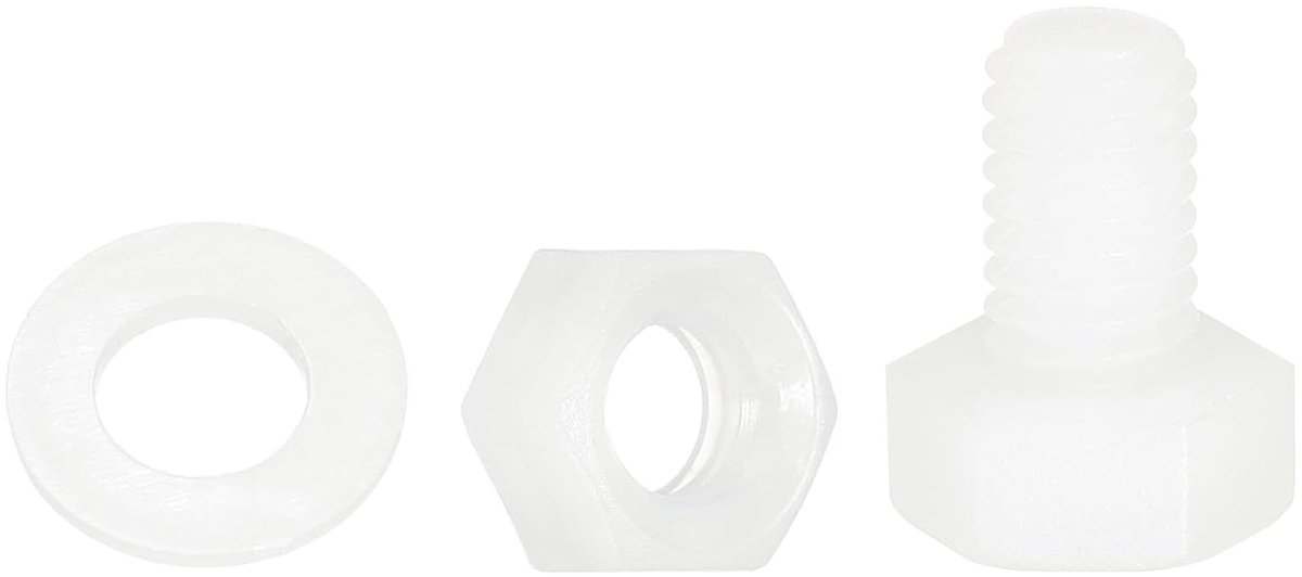 Sets nylon zeskantschroeven M5 x 8mm volle draad kunststof schroeven en moeren met onderlegringen voor machines, elektronica, industrietoebehoren, wit