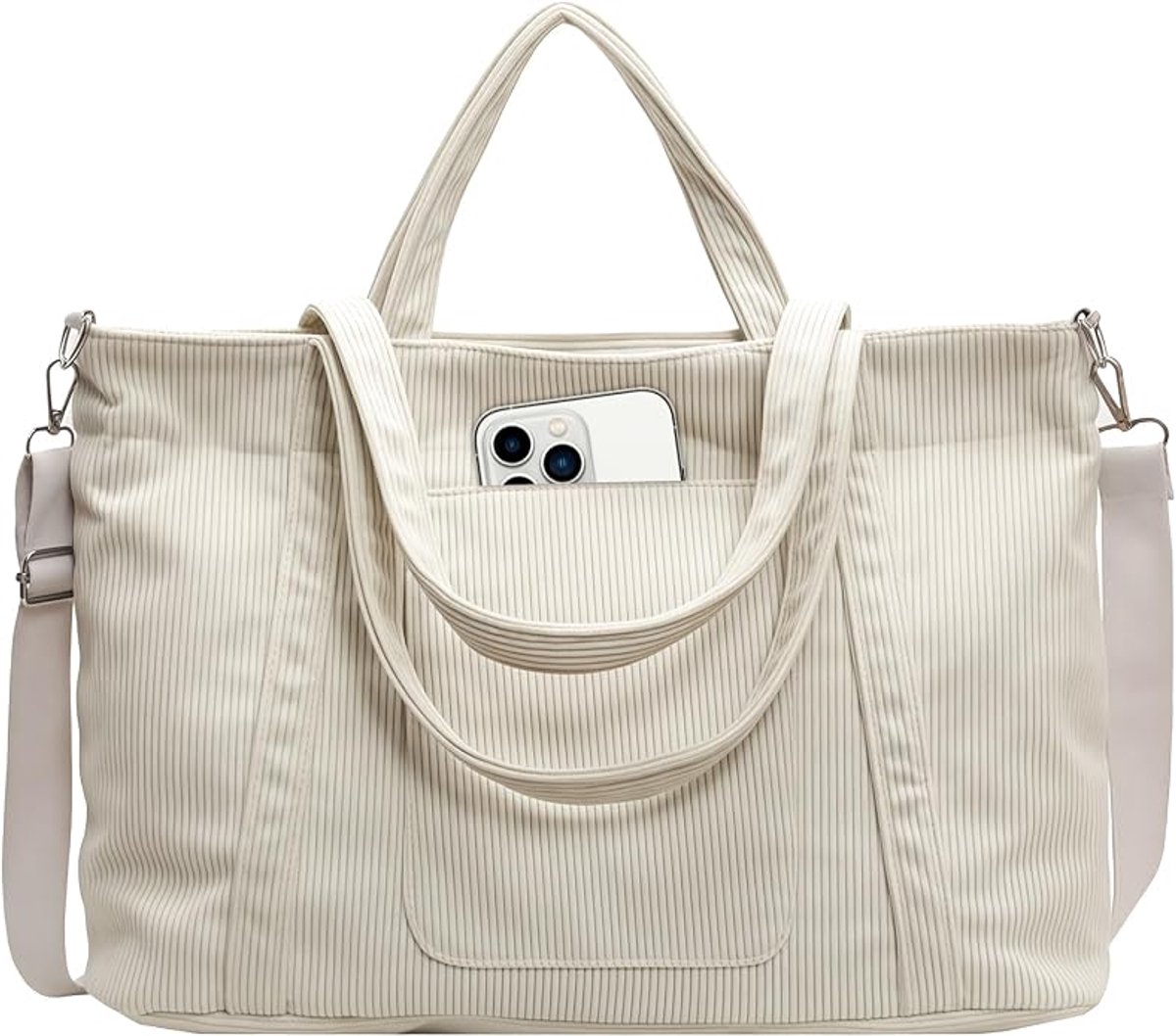 VHV Shopper Tas Dames - Grote Corduroy Tote Bag met Ritssluiting, 45 x 14 x 30 cm, 4 Vakken en Verstelbare Hengsels - Strandtas en Schoudertas voor Werk, School, Reizen en Sportschool