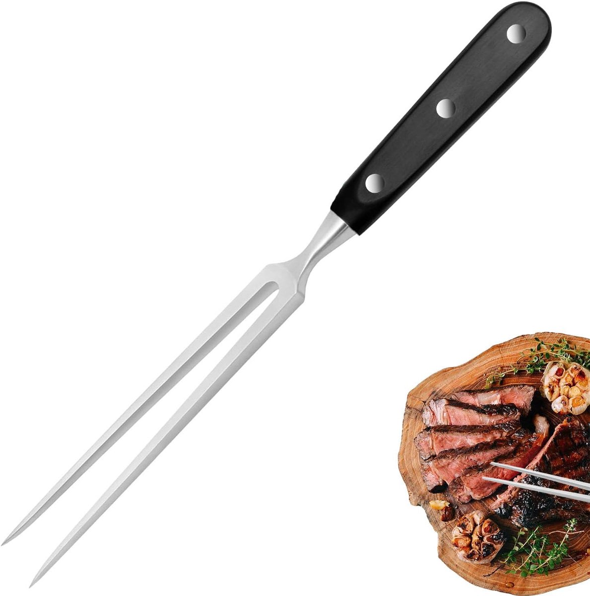 Vleesvork - Vleesvork roestvrij staal grillvork met houten handvat 27 cm tranchevork recht onbuigzaam braadvork 13 cm vleesvork met kunststof handvat voor grill keuken kalkoen braden diner