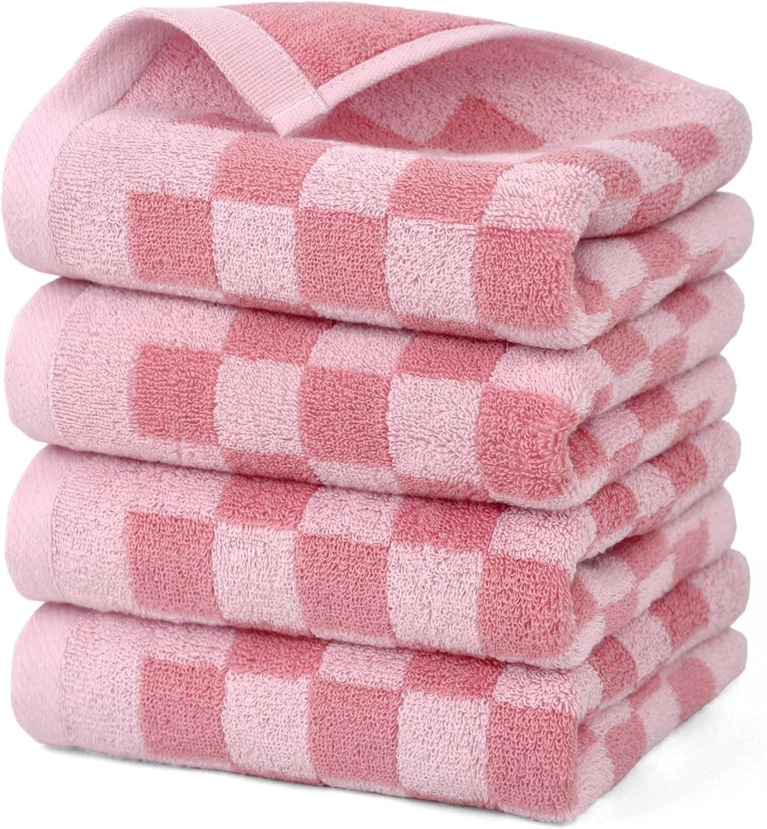 Handdoeken in roze geruit - 4-pack lichtgewicht absorberende handdoeken voor handdrogen en gezichtswassen, cadeaus voor vrouwen en meisjes, 67 x 30 cm