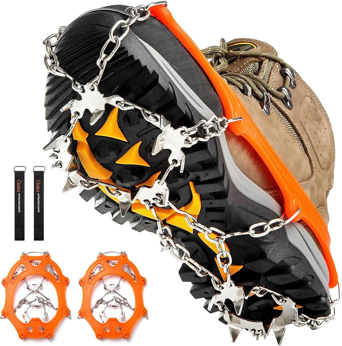 Stijgijzers Antislip IJspikes met 19 Roestvrijstalen Spikes, Tractie Grip voor Laarzen en Schoenen, Dames en Heren, Veilig voor Wandelen, Hiken en IJsvisserij