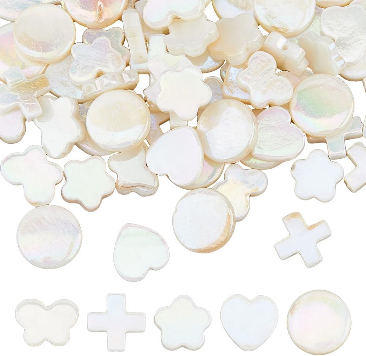 70 sets met 5 natuurlijke witte schelpkralen, parelsnoer van glanzende witte schelpkralen voor het maken van sieraden, armbanden, halskettingen, sleutelhangers, leveringen en accessoires