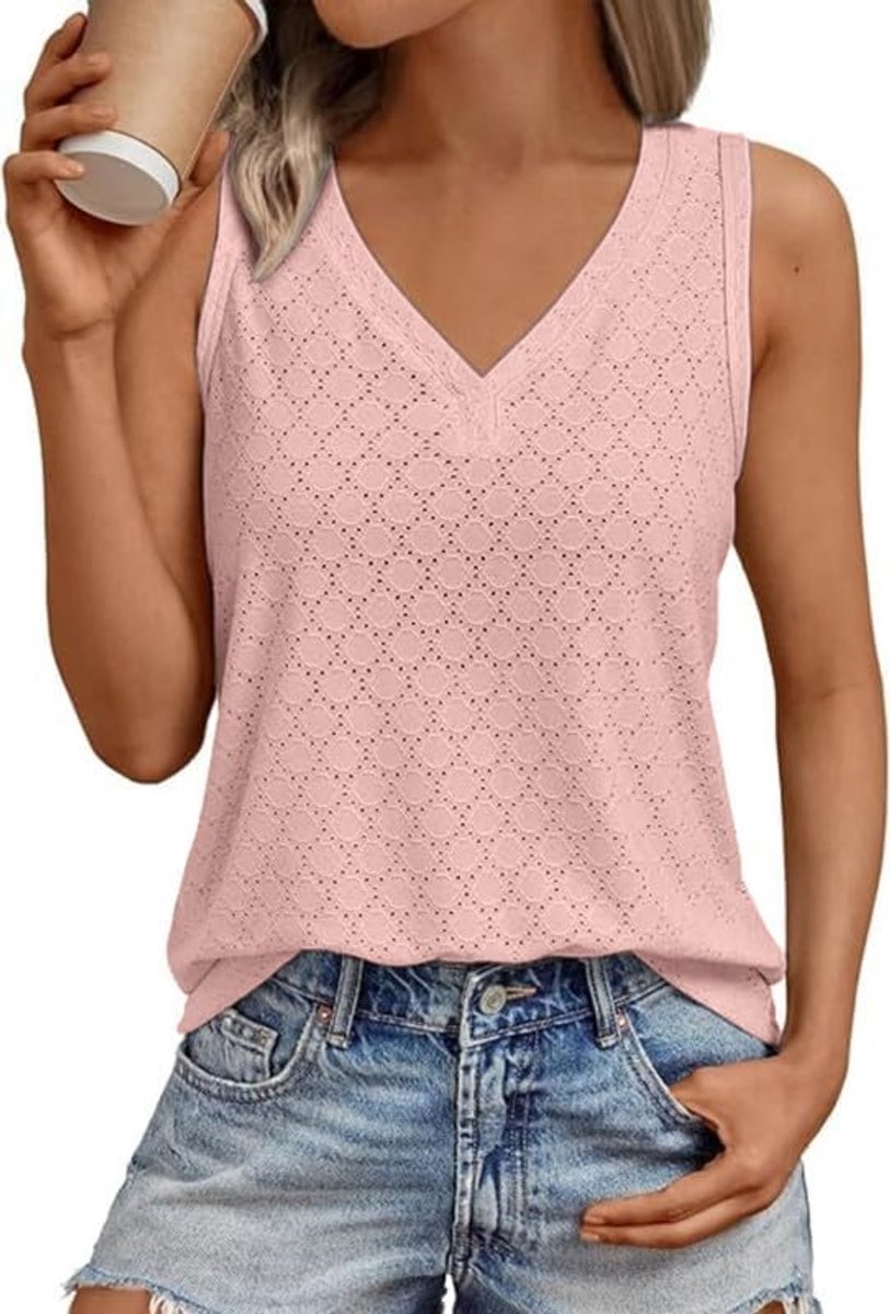 Tanktop Dames Zomer V-hals Mouwloze Tops Elegant Eyelet Borduurwerk Blousetops Casual Losse Lange Shirt Basic Strand Tanktops Boho