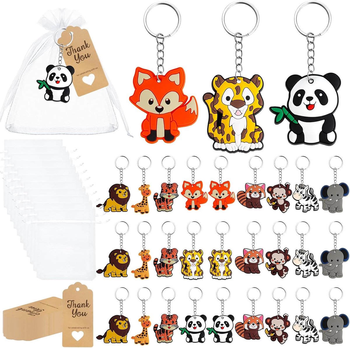 30 sleutelhangers met diermotief voor jongens en meisjes, feestgeschenken, kinderverjaardag, met organza zakje en kaart, voor Kerstmis, bruiloft, communie, gasten, babyshower, 10 stijlen