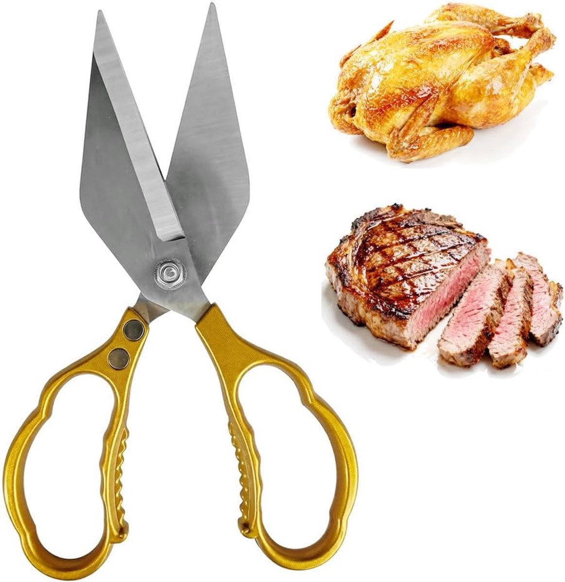 Duty keukenschaar roestvrij staal, extra dik lemmet, gevogelteschaar/botschaar om kip te demonteren, vleesschaar, visschaar, BBQ grillschaar, metalen handgreep, goud
