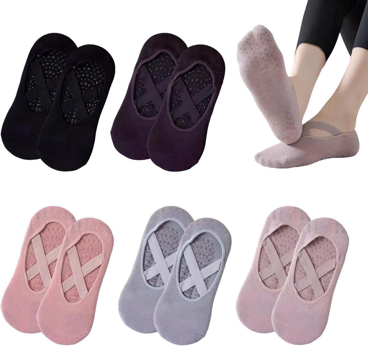 Sokken voor dames, 5 paar pilatessokken voor yoga en dans, ademende eenheidsmaat, voor fitness, ballet, dans, dans