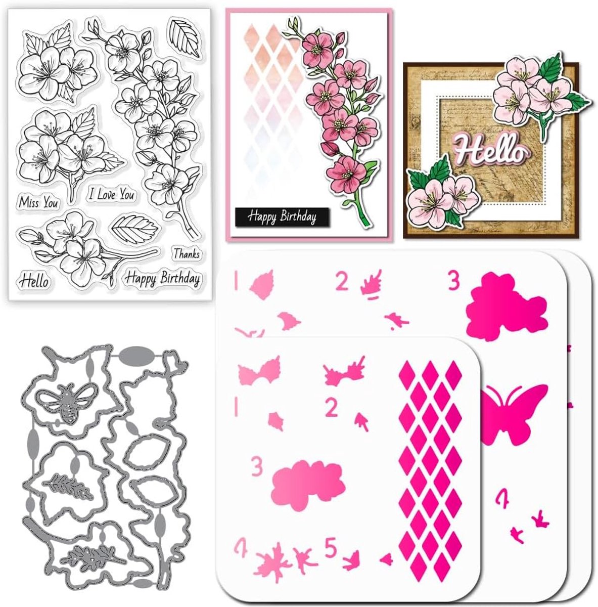 Kersenbloesemmotief, stanssjabloon voor het maken van kaarten, bloemen, bladeren, siliconen stempel, stanssjabloon, vlinders, PET-schildersjablonen voor doe-het-zelf, scrapbooking
