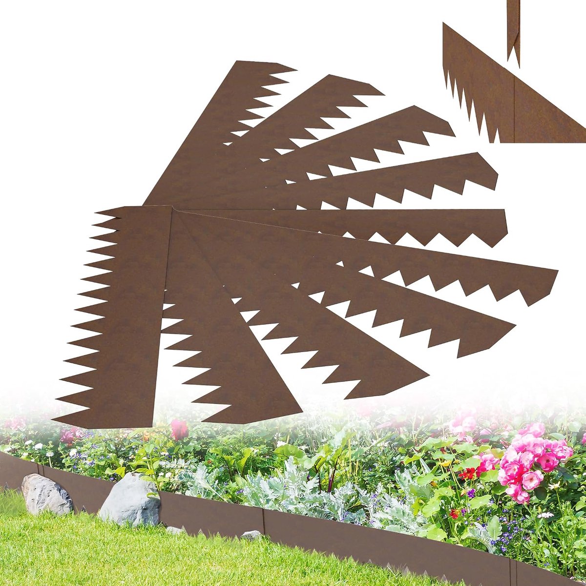 Gazonrand metaal 100x20cm flexibel zaagtand staal LX5m roestlook | Decoratief oppervlak, stabiele metalen structuur, flexibele tuinplanning, geschikt voor bloembedden, groentebedden en paden