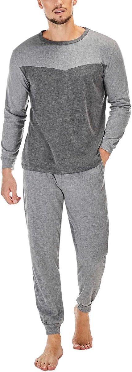 Lange herenpyjama van katoen, tweedelig, warme pyjama voor mannen, herfst, winter, nachtkleding, lange mouwen, huispak, slaapwear, B-donkergrijs, XL