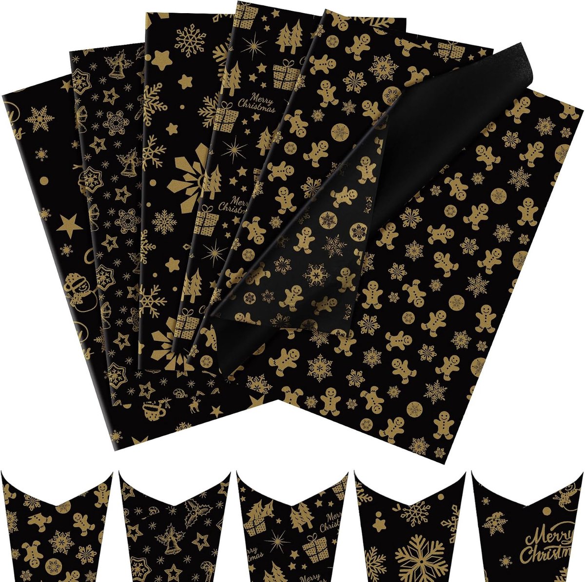 Seidenpapier Kerstmis, 50 vellen glitter zwart goud zijdepapier verpakkingsmateriaal om te knutselen, metaal zijdepapier cadeaupapier met sneeuwvlokken sterren patroon voor feest, 50×35CM