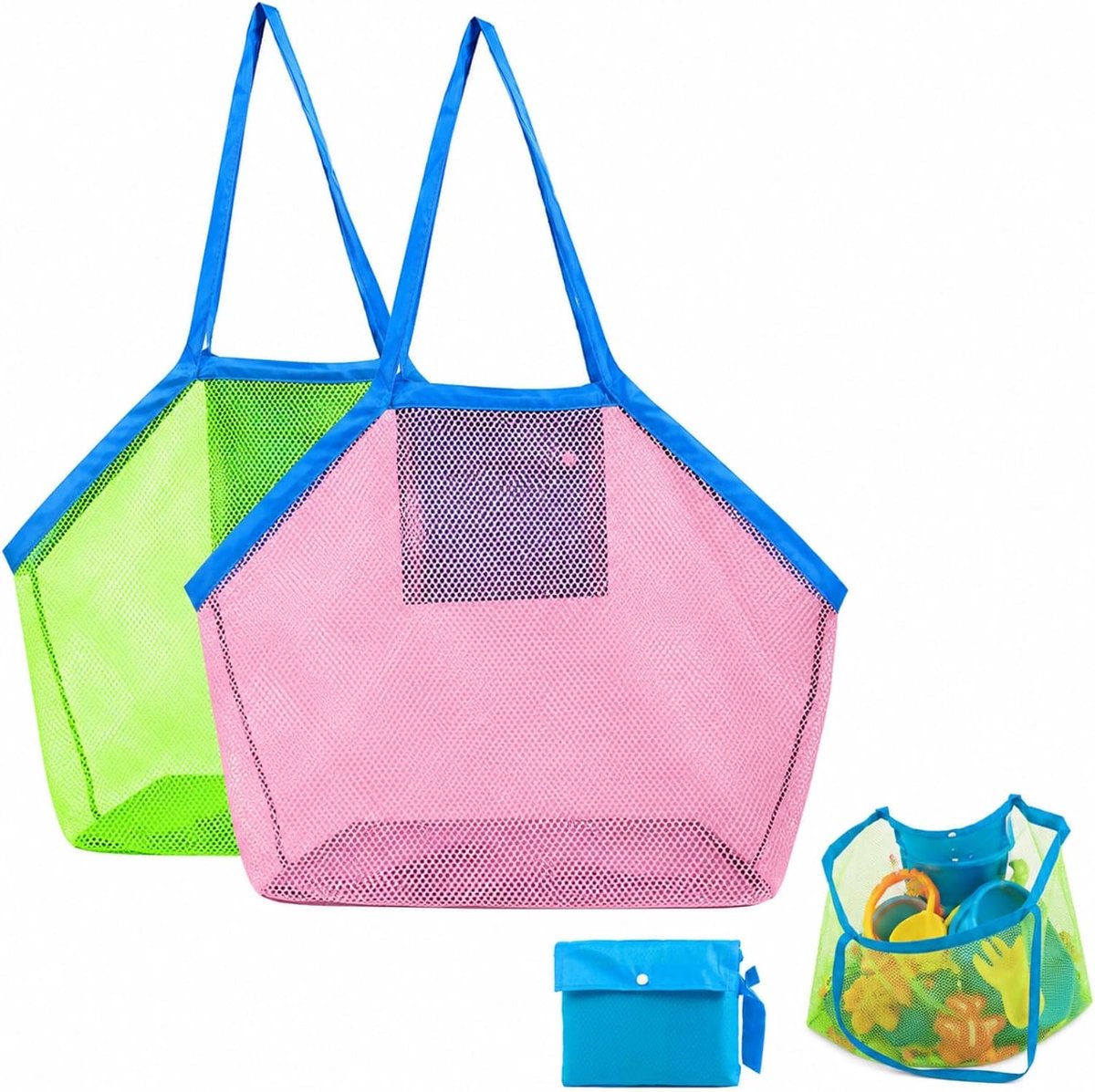 2 stuks zandspeelgoedtas, opvouwbare nettas, strandtas | Zandtas, voor strand, picknick, waszak, boodschappentassen (roze, groen)
