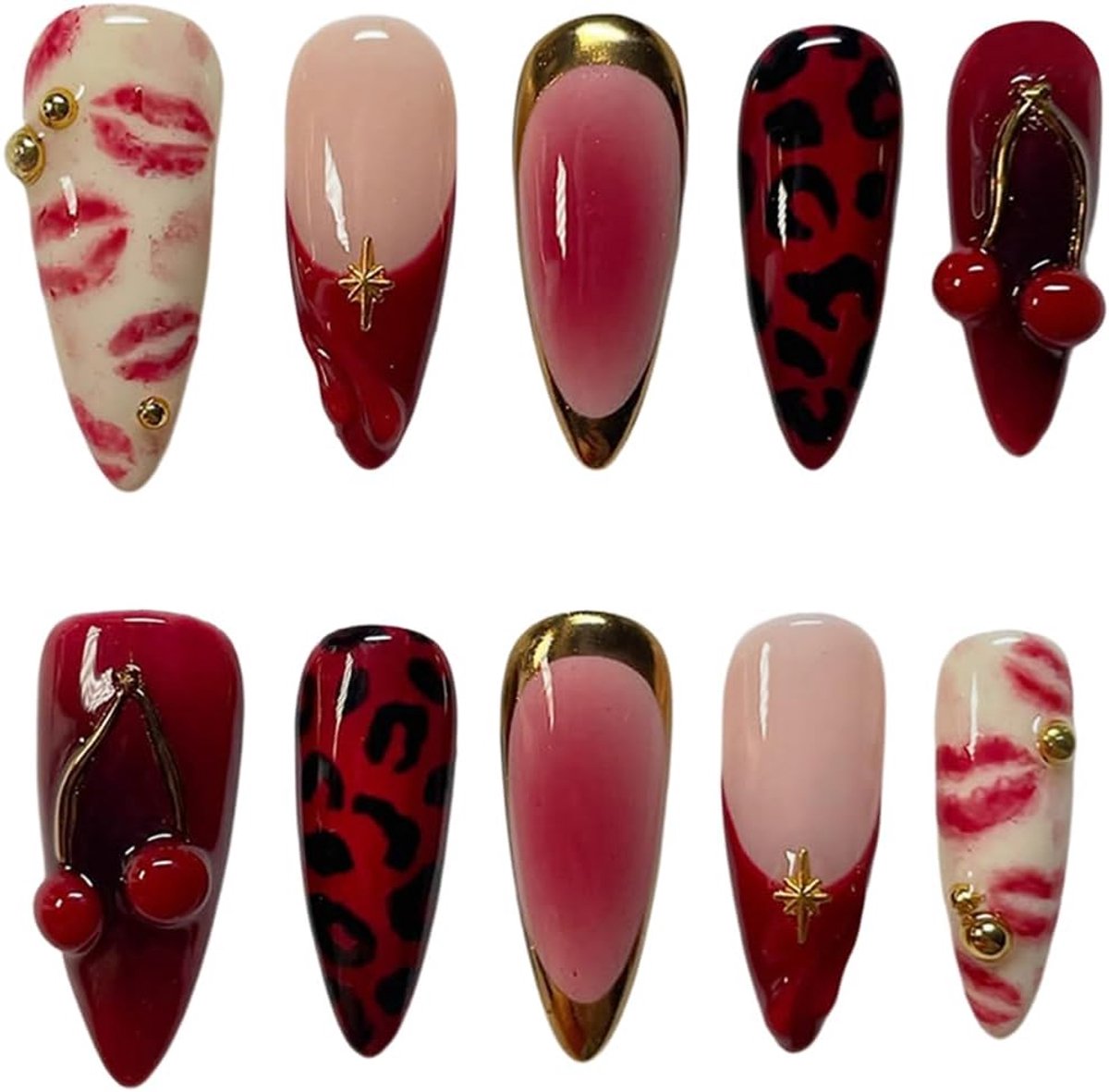 Nageltips, 30-delige nagellakset met luipaardpatroon, amandelvormig 3D-design, voor lange, puntige nagels bij vrouwen.