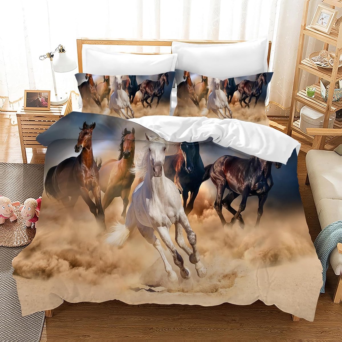 3-delige dekbedovertrekken, 3D-print, dierenpaardmotief, microvezel, onderhoudsvriendelijk, met kussensloop, voor jongeren, kinderen, jongens en meisjes (F, 200 x 200 cm)