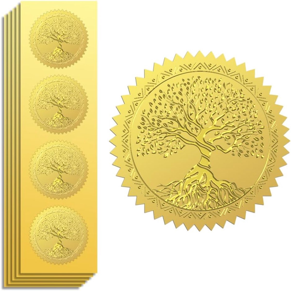 Zegels reliëf 6,5 cm levensboom, zelfklevende goud rond embossing stickers voor envelopzegels, geschenkdecoratie, certificaatpapier, uitnodiging voor