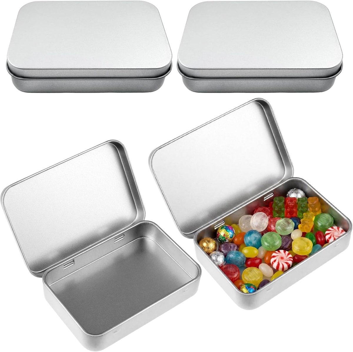 4 stuks kleine metalen blikjes, 9,5 x 6,0 x 2 cm, rechthoekige metalen doos met deksel, draagbaar, herbruikbaar, voor snoep, sleutels, oorbellen (stijl 1)