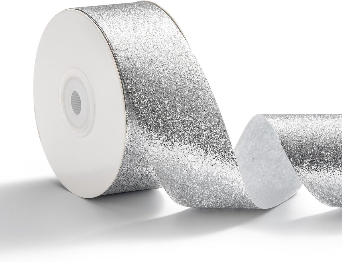 Geschenklint glitter zilver bruiloft metallic lint breed cadeaulint glanzend glitterlint 3,8 cm x 22,8 m