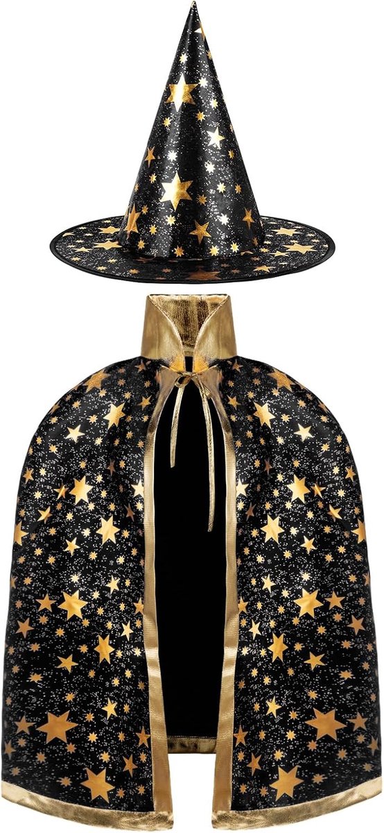 Heksenmantel kinderen, heksenkostuum, mantel en hoeden voor kinderen, Halloween-kostuum rekwisieten, kostuum met gouden sterrenpatroon voor kinderen, meisjes, Halloween, feest