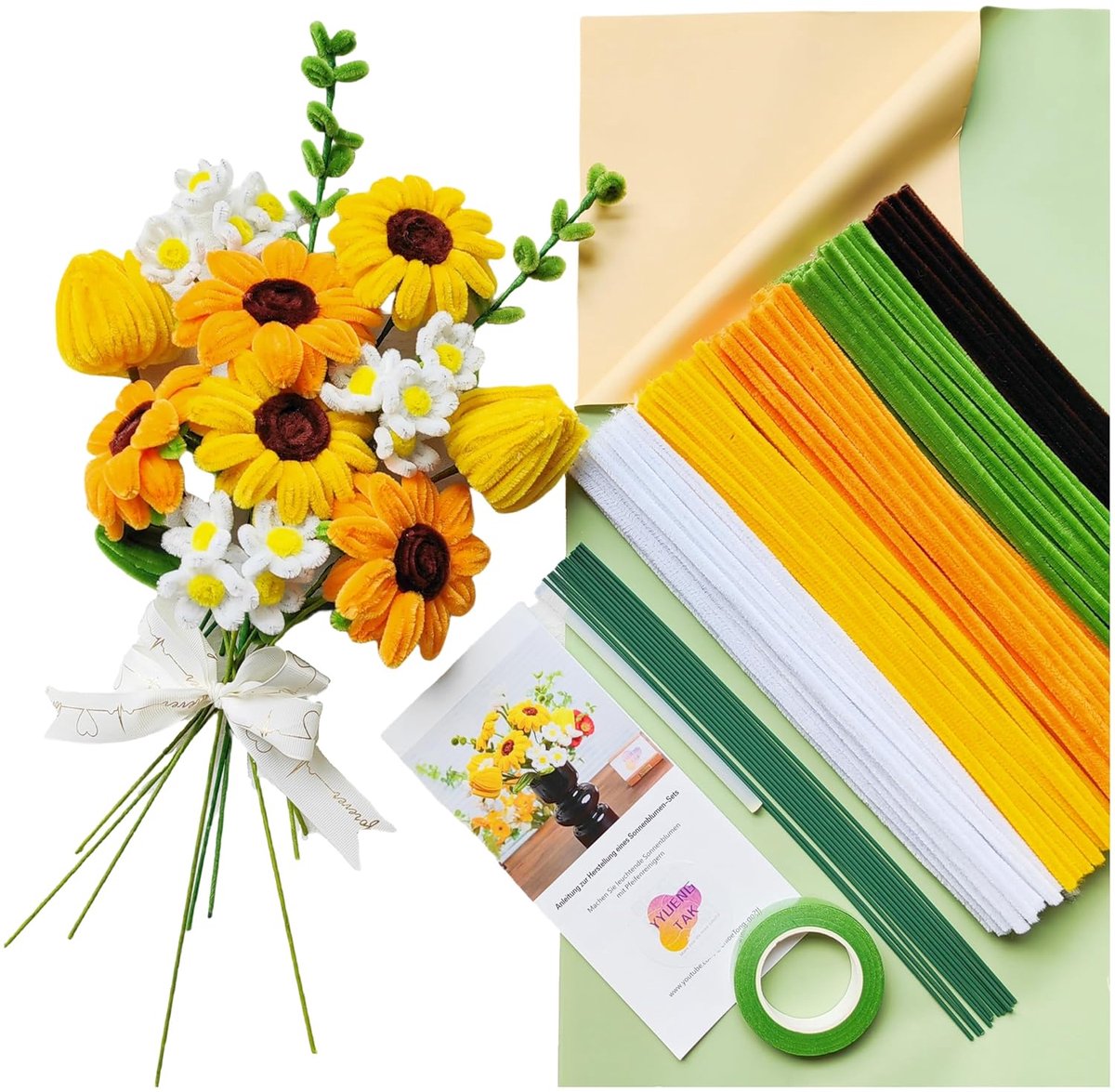 210 stuks, knutselen met zonnebloemboeketten, chenille draad, bloemenboeket, set pijpenragers met 5 kleuren en instructies (mogelijk niet beschikbaar in het Nederlands)