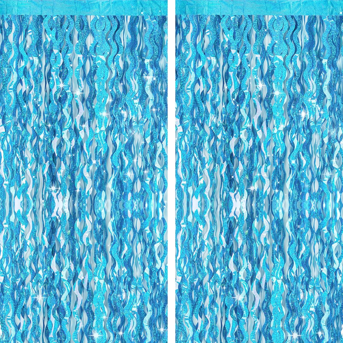 Twee blauwe metallic gordijnen met kwastjes, een sprankelend feestgordijn van 1x2 meter, geschikt voor Sneeuwprinsessen-verjaardagsfeestjes, zeemeerminfeestjes, oceaanfeestjes en dromerige fotoachtergronden.