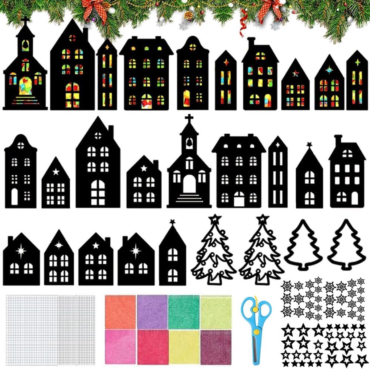 Knutselen kinderramen, Kerstmis knutselset raamafbeeldingen, huis, kerstboom, sterren, kleurrijke kerstdecoratie, creatieve doe-het-zelf knutselset Kerstmis kinderen