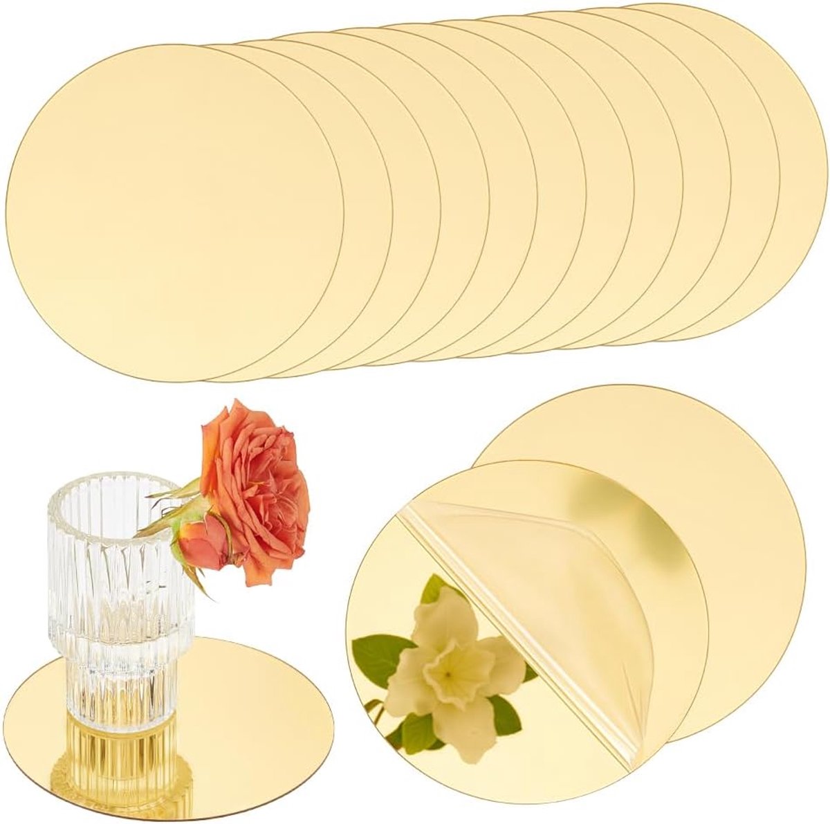 24 stuks ronde acrylspiegels voor tafeldecoraties, 10 cm spiegels, cirkels, kaarsen, wanddecoratie, bruiloft, tafel, douche, Kerstmis, dikte 0,8 mm, goud
