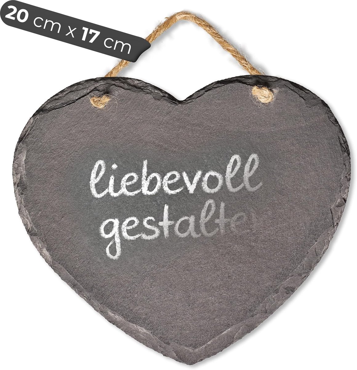 Hart om op te hangen met jute lint leisteen paneel decoratie Wandeko (1, 17 cm hart)