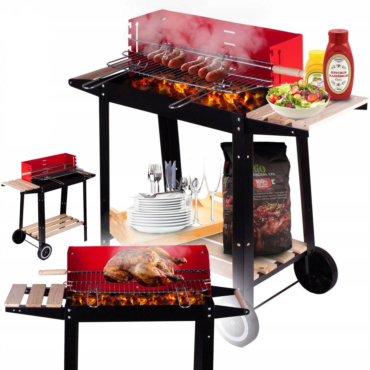 Merkloos Koolgrill met Spit, Deksel, Rooster & Wielen - 48x26cm
