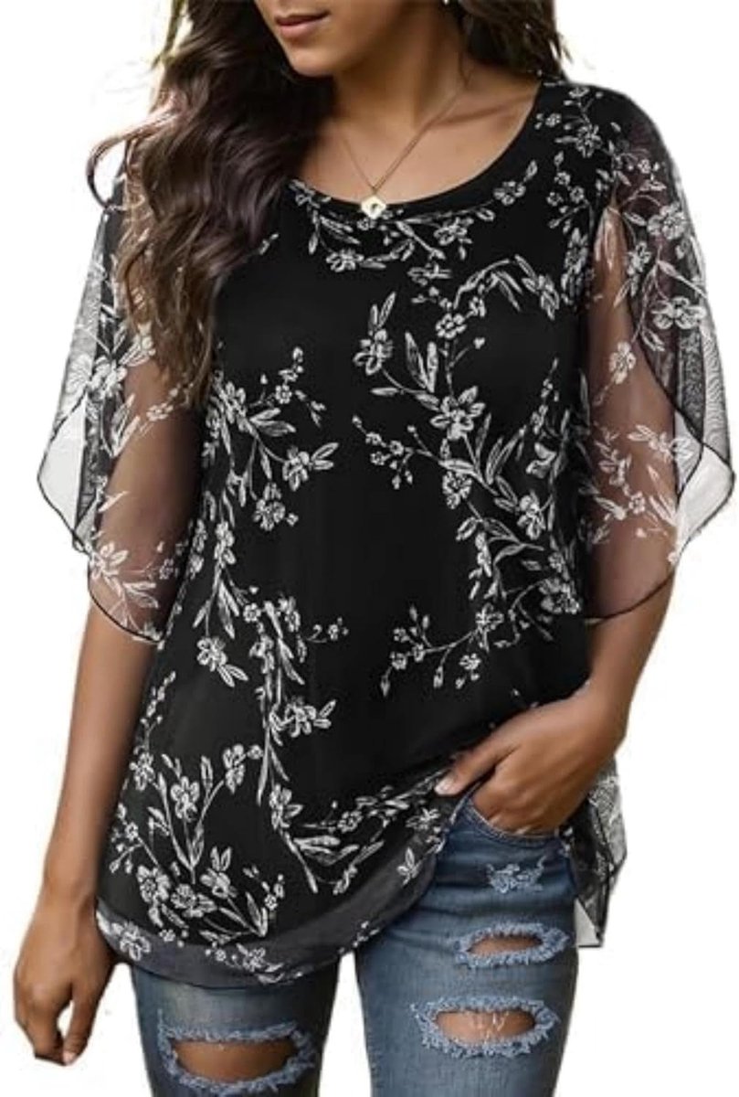 Dames chiffon tuniek casual ronde kraag grote maten halve mouwen blouse top zomer losse pasvorm