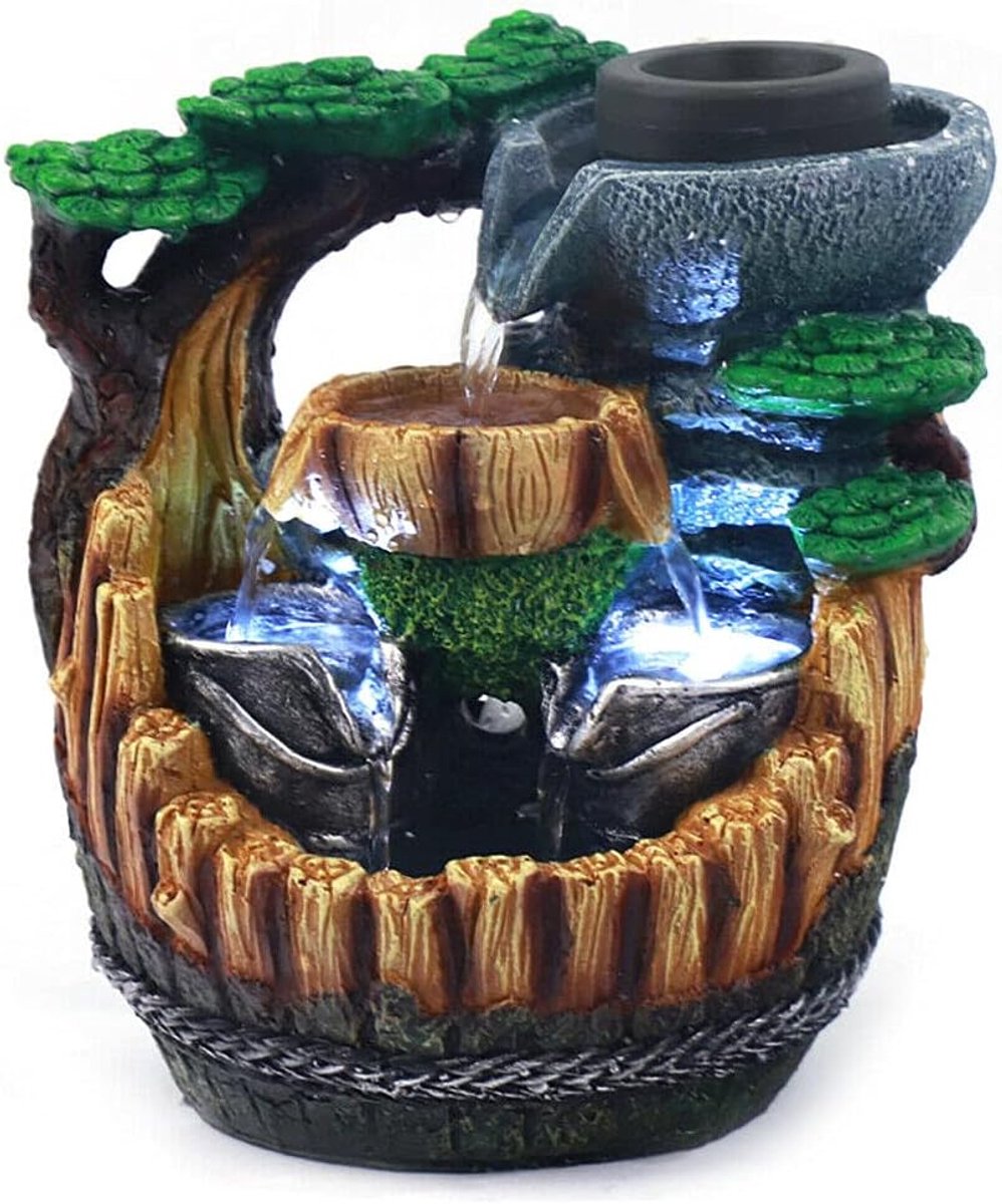 Kamerfontein met ledlicht, tuinfontein cascade, waterval, sierfontein kamer, waterspel steenlook voor tuin, terras, vijver, balkon decoratief