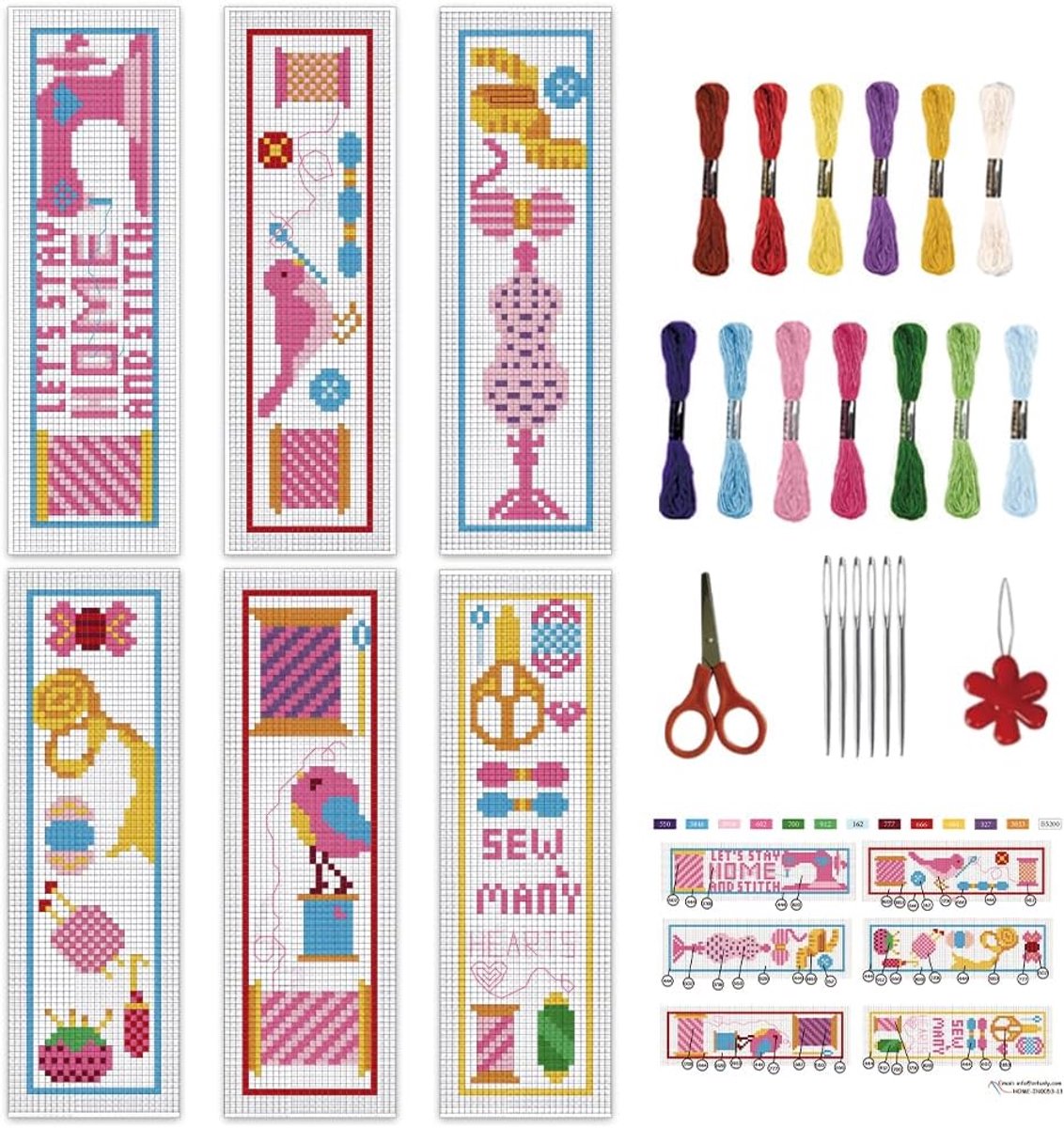 6 STKS DIY Naai-elementen Kruissteek Bladwijzer Kits 8.66 "× 3.38" Naaigereedschap Gestempeld Borduurwerk Bladwijzer Kits met Instructie Katoenen Draad Naaldpunt Bladwijzer Kit voor Boek