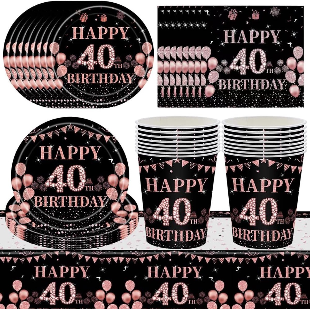 69 Stuks Verjaardagsfeestje Tafelset 40e Verjaardag Papieren Dienblad Papieren Dienblad Papieren Bekers Zakdoek Tafelkleed Tafelgerei in Roségoud en Zwart, Party Accessoires -16 Gasten