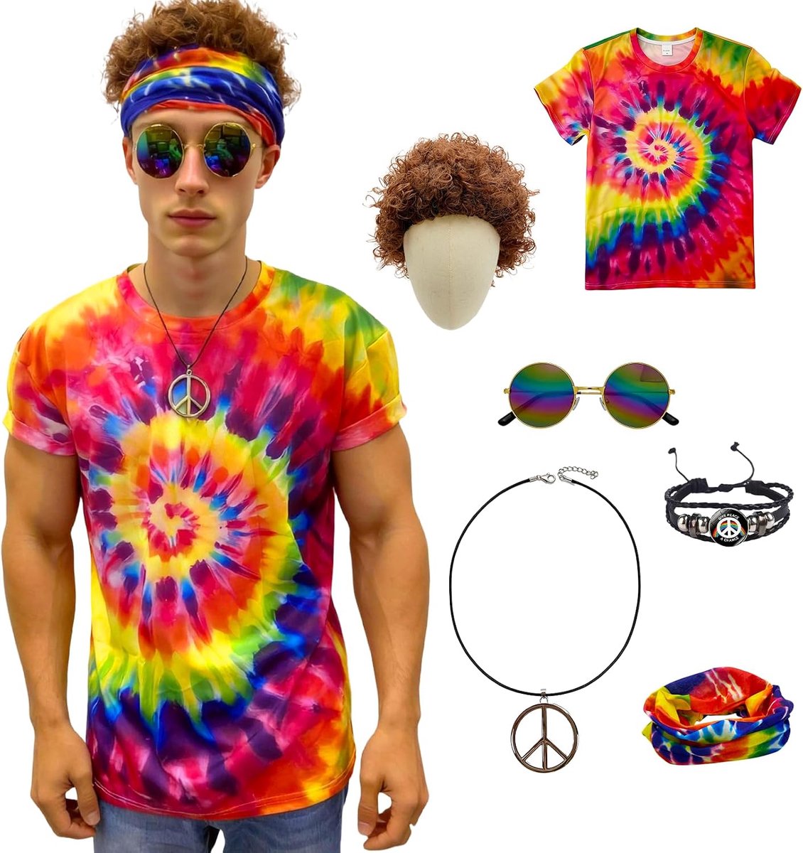 Hippiekostuum voor heren en dames, 60 of 70 kostuum, 6-delig, hippie-T-shirt, pruik, bril, vredesarmband, voor cosplay, party, carnaval, themafeest, Halloween