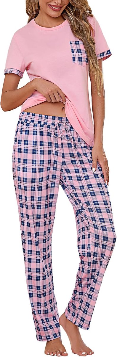 Pyjamaset voor dames, katoen, bovendeel met zak met korte mouwen + geruite pyjamabroek, huiskleding