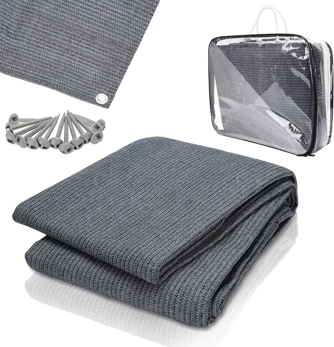 Outdoor, campingtapijt, tenttapijt met 12 gaten, 13 haringen en draagtas, HDPE, ademend, campingtapijt, antislip, grijs/blauw