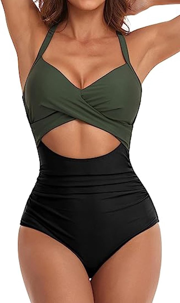 Badpak voor dames, V-hals, kanten up, badmode, badpak, buikweg, cut-out, eendelig, strandmode, zwempak